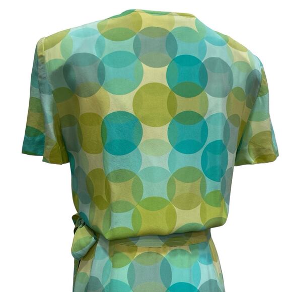 Vintage 90s Maggy London 100% Silk Green & Blue Polka Dot Wrap Dress size 10 - Picture 7 of 10